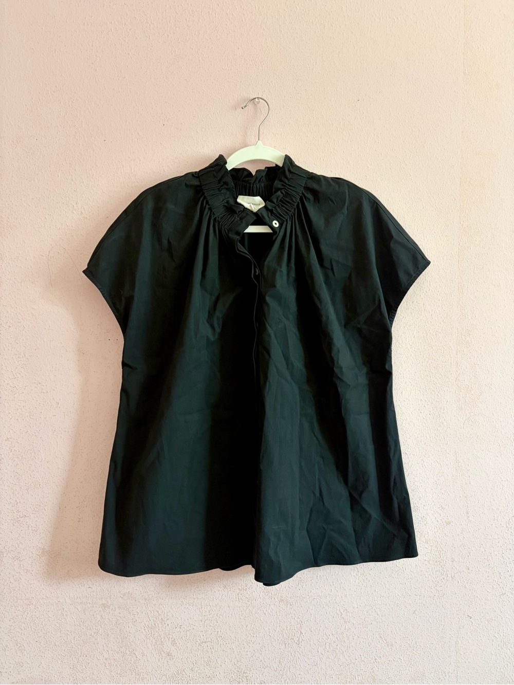 Pomander Place Effortless Chic High Neck Ruffle Collar Cap Sleeve Button Down